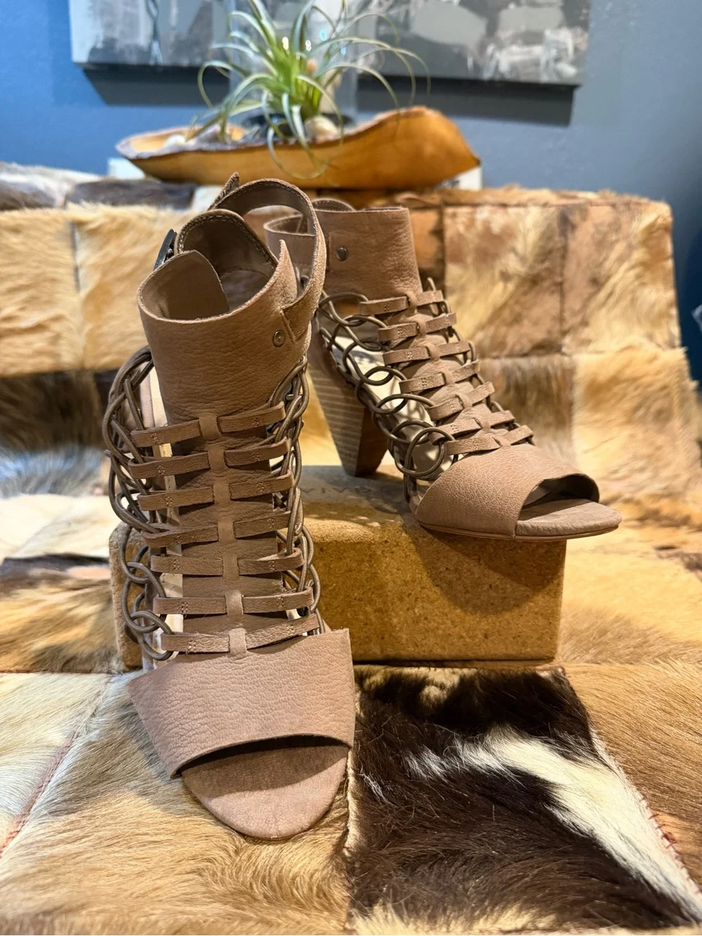 Vince Camuto Taupe Lace-Up Caged Open-Toe Heels